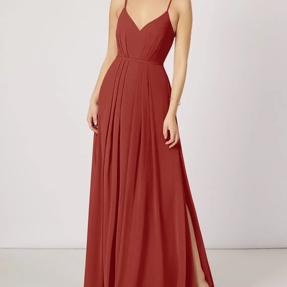 AZAZIE EVEREST A-Line Pleated Chiffon Floor-Length Dress pine size A6 - Picture 1 of 5